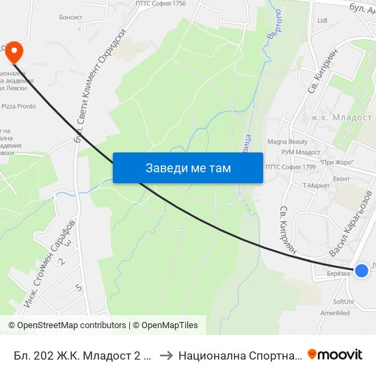 Бл. 202 Ж.К. Младост 2 / Bl. 202, Mladost 2 Qr. (0155) to Национална Спортна Академия Васил Левски map