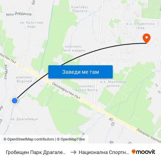 Гробищен Парк Драгалевци / Dragalevtsi Cemetery (6694) to Национална Спортна Академия Васил Левски map