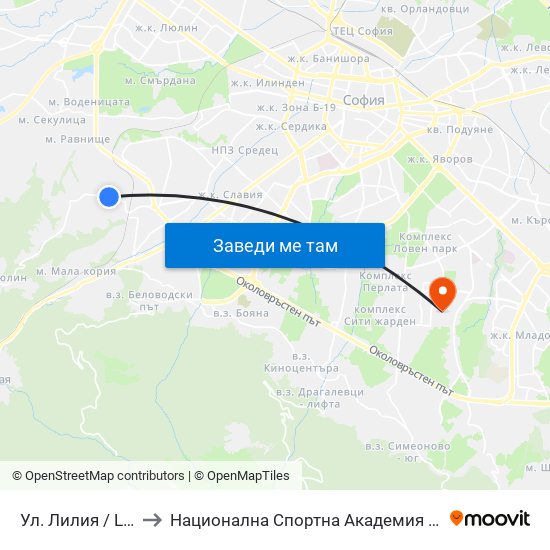 Ул. Лилия / Liliya St. to Национална Спортна Академия Васил Левски map