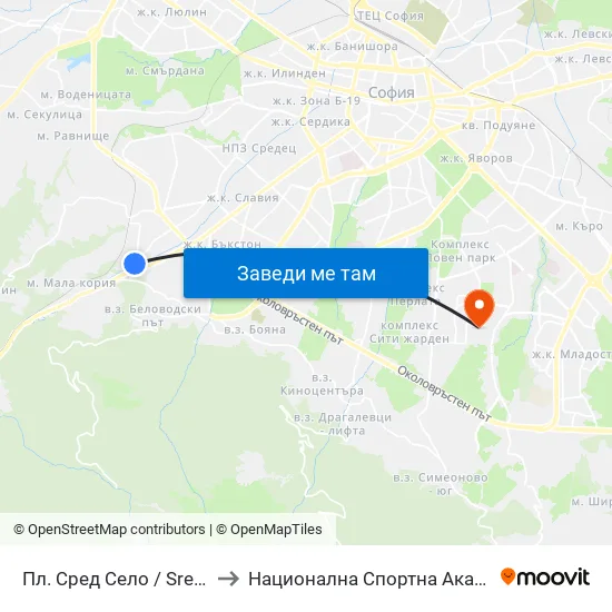 Пл. Сред Село / Sred Selo Sq. (2847) to Национална Спортна Академия Васил Левски map