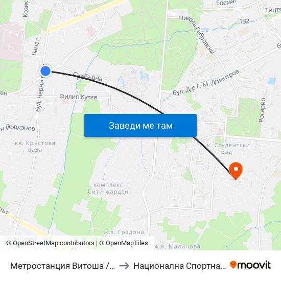 Метростанция Витоша / Vitosha Metro Station (0911) to Национална Спортна Академия Васил Левски map