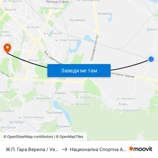 🚉 Ж.П. Гара Верила / Verila Train Station (2803) to Национална Спортна Академия Васил Левски map