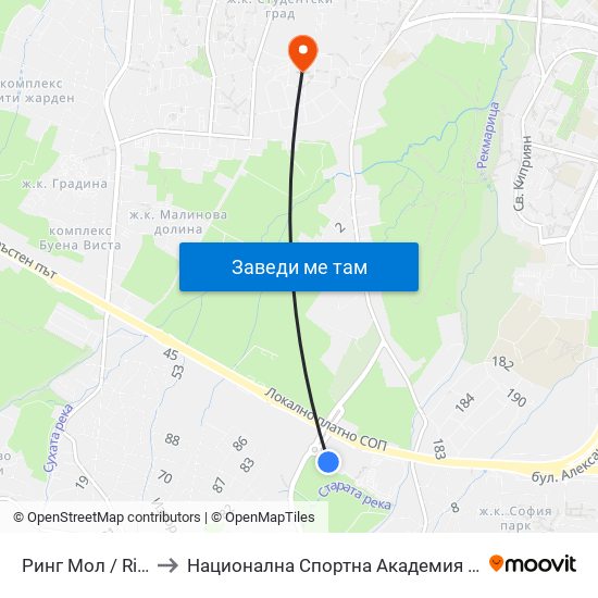 Ринг Мол / Ring Mall to Национална Спортна Академия Васил Левски map