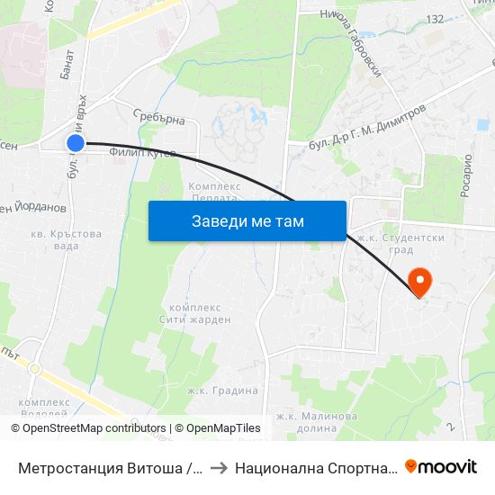 Метростанция Витоша / Vitosha Metro Station (2780) to Национална Спортна Академия Васил Левски map