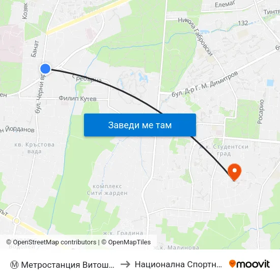 Ⓜ️ Метростанция Витоша / Vitosha Metro Station (0910) to Национална Спортна Академия Васил Левски map