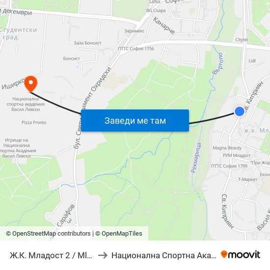 Ж.К. Младост 2 / Mladost 2 Qr. (0664) to Национална Спортна Академия Васил Левски map