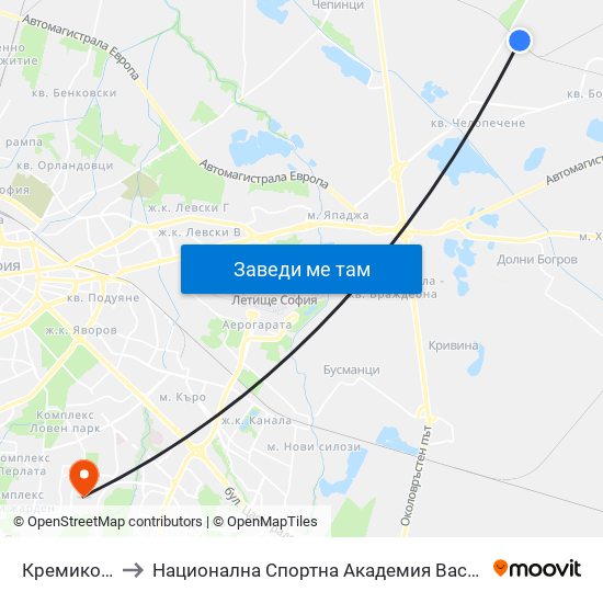 Кремиковци to Национална Спортна Академия Васил Левски map