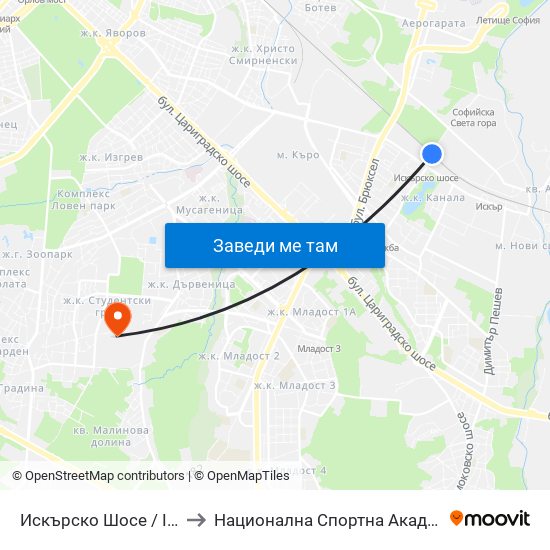 Искърско Шосе / Iskarsko Shose to Национална Спортна Академия Васил Левски map