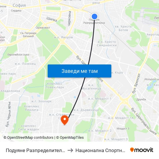 Подуяне Разпределителна / Poduyane Razpredelitelna to Национална Спортна Академия Васил Левски map