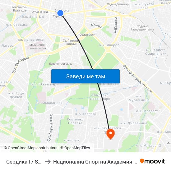 Сердика I / Serdika I to Национална Спортна Академия Васил Левски map