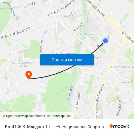 Бл. 41 Ж.К. Младост 1 / Bl. 41, Mladost 1 Qr. (0209) to Национална Спортна Академия Васил Левски map