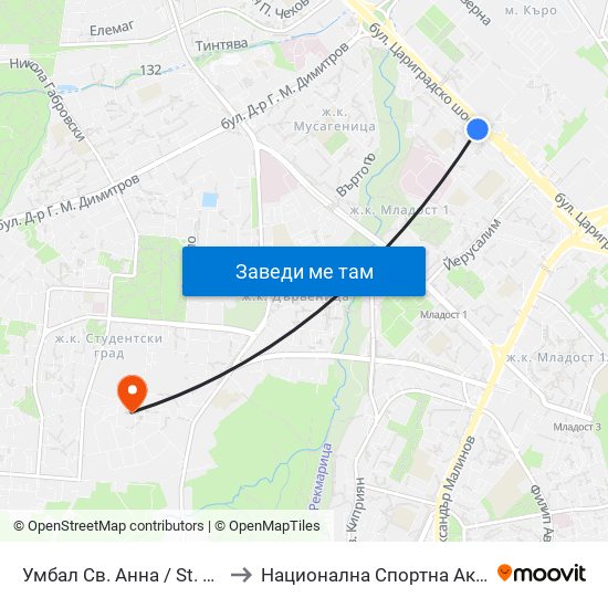 Умбал Св. Анна / St. Anna Hospital (1192) to Национална Спортна Академия Васил Левски map