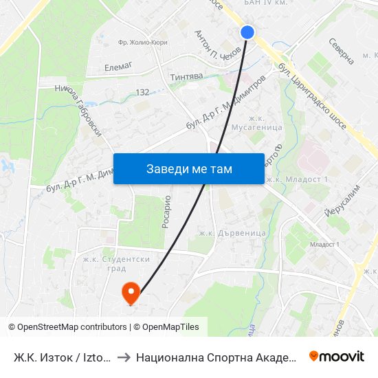 Ж.К. Изток / Iztok Qr (1696) to Национална Спортна Академия Васил Левски map