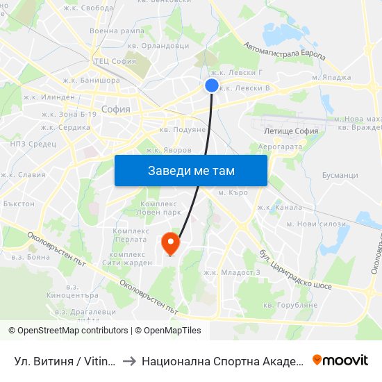 Ул. Витиня / Vitinya St. (1753) to Национална Спортна Академия Васил Левски map