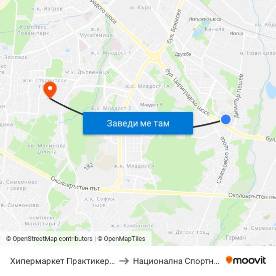 Хипермаркет Практикер / Praktiker Hypermarket (2409) to Национална Спортна Академия Васил Левски map