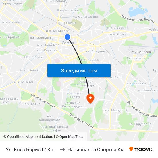 Ул. Княз Борис I / Knyaz Boris I St. (1998) to Национална Спортна Академия Васил Левски map