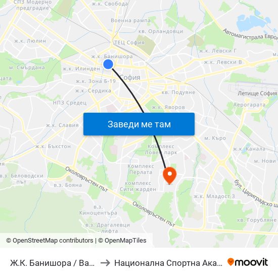 Ж.К. Банишора / Banishora Qr. (0803) to Национална Спортна Академия Васил Левски map