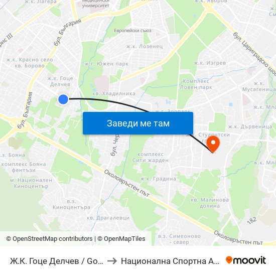 Ж.К. Гоце Делчев / Gotse Delchev Qr. (0600) to Национална Спортна Академия Васил Левски map