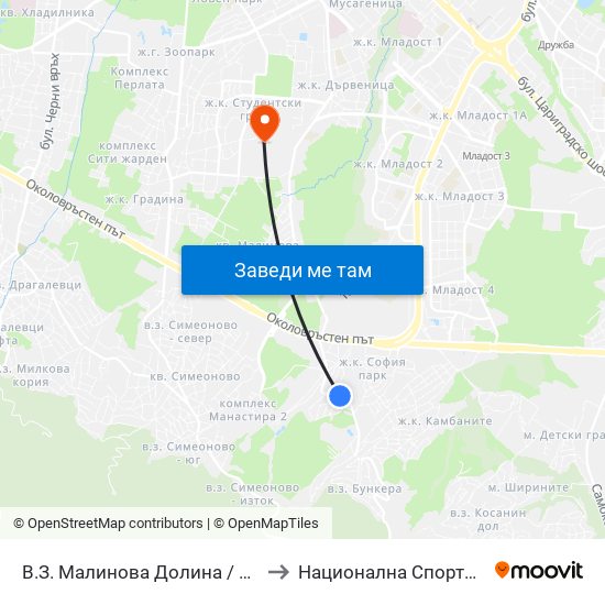 В.З. Малинова Долина / Malinova Dolina Village Zone (2823) to Национална Спортна Академия Васил Левски map