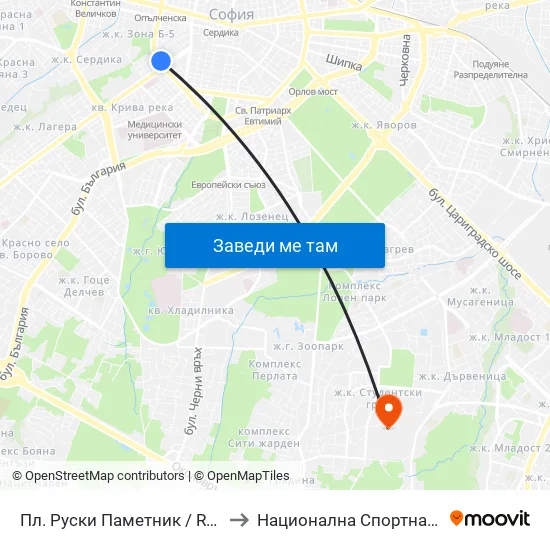 Пл. Руски Паметник / Russian Monument Sq. (1300) to Национална Спортна Академия Васил Левски map