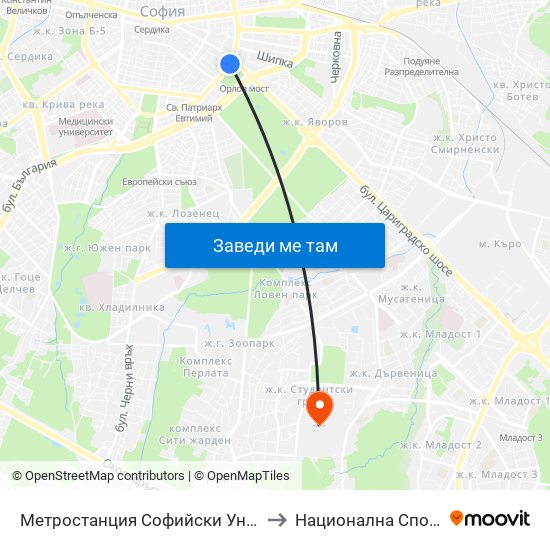 Метростанция Софийски Университет / Sofia University Metro Station (2827) to Национална Спортна Академия Васил Левски map