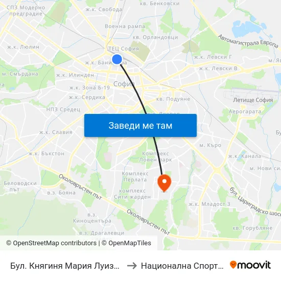 Бул. Княгиня Мария Луиза / Knyaginya Maria Luiza Blvd. (2830) to Национална Спортна Академия Васил Левски map