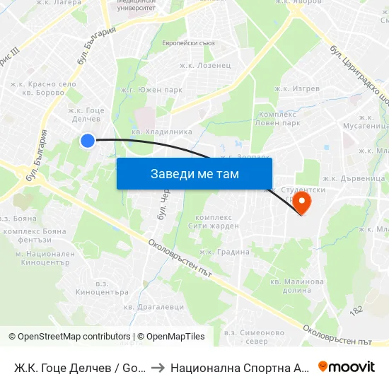 Ж.К. Гоце Делчев / Gotse Delchev Qr. (0599) to Национална Спортна Академия Васил Левски map