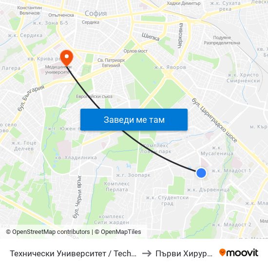 Технически Университет / Technical University (1743) to Първи Хирургичен Блок map