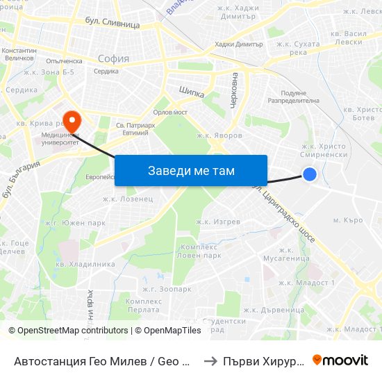 Автостанция Гео Милев / Geo Milev Bus Station (0052) to Първи Хирургичен Блок map