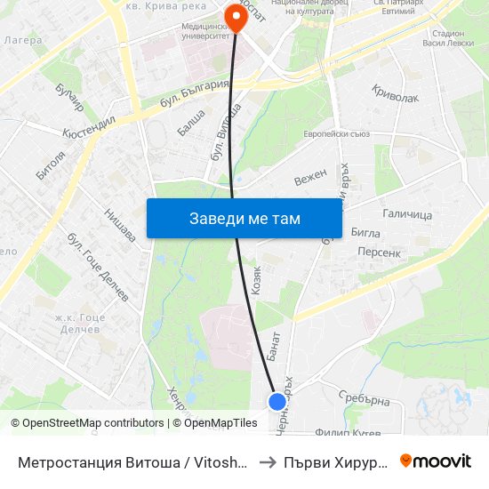 Метростанция Витоша / Vitosha Metro Station (2755) to Първи Хирургичен Блок map