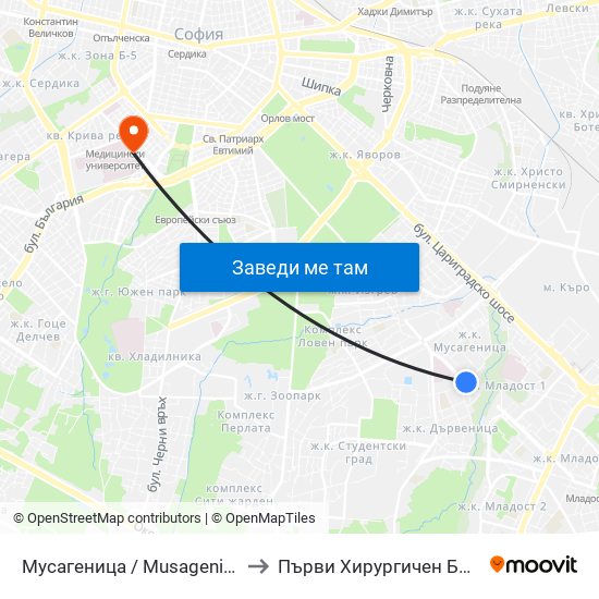 Мусагеница /  Musagenitsa to Първи Хирургичен Блок map