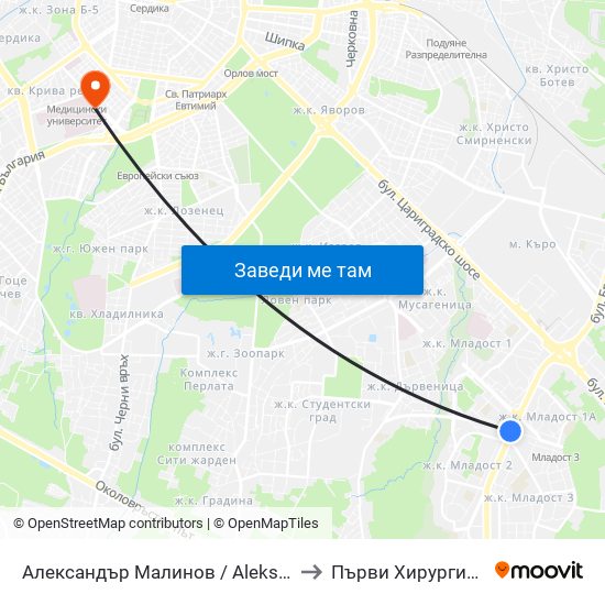 Александър Малинов / Aleksandar Malinov to Първи Хирургичен Блок map