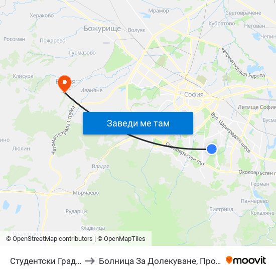 Студентски Град / Students' Town (1693) to Болница За Долекуване, Продължително Лечение И Рехабилитация map