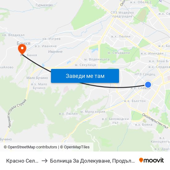 Красно Село / Krasno Selo to Болница За Долекуване, Продължително Лечение И Рехабилитация map