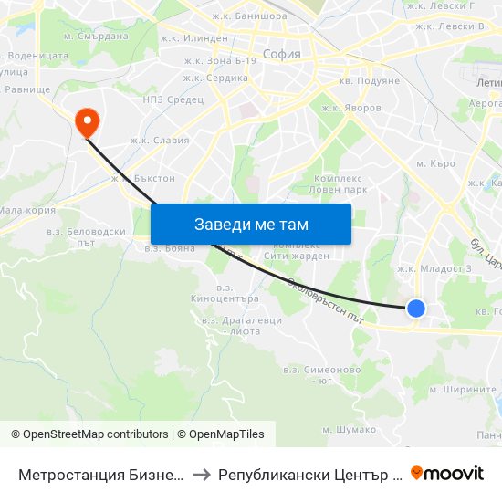 Метростанция Бизнес Парк / Business Park Metro Station (2490) to Републикански Център По Протезиране И Възстановителна Хирургия map