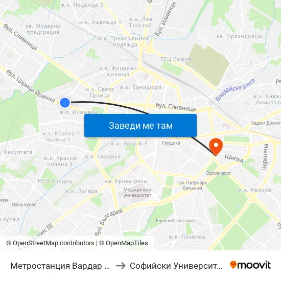 Ⓜ️ Метростанция Вардар / Vardar Metro Station (1047) to Софийски Университет “Св. Климент Охридски"" map