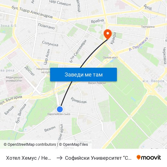 Хотел Хемус / Hemus Hotel (2330) to Софийски Университет “Св. Климент Охридски"" map
