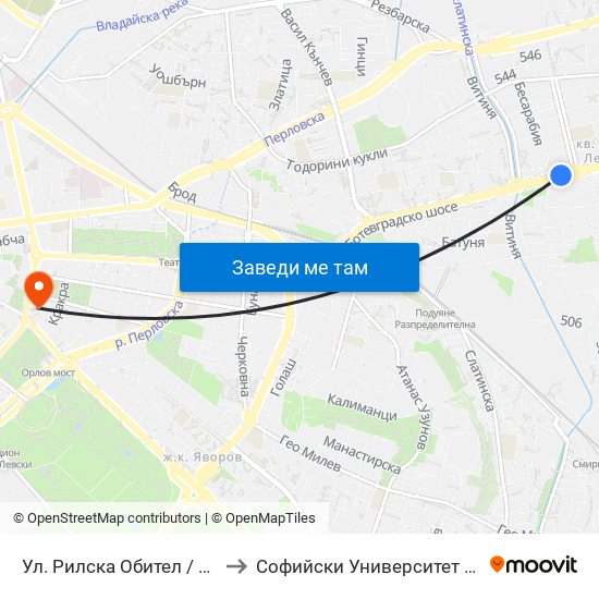 Ул. Рилска Обител / Rilska Obitel St. (2159) to Софийски Университет “Св. Климент Охридски"" map
