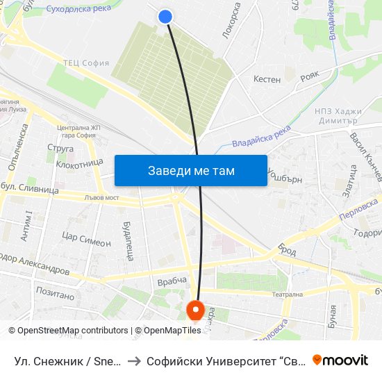 Ул. Снежник / Snezhnik St. (2176) to Софийски Университет “Св. Климент Охридски"" map