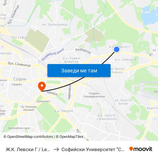 Ж.К. Левски Г / Levski G Qr. (0660) to Софийски Университет “Св. Климент Охридски"" map