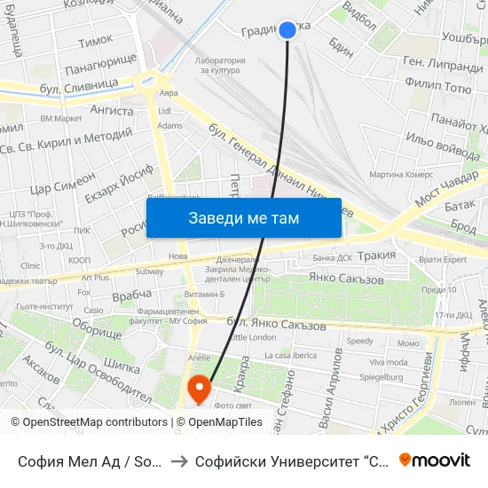 София Мел Ад / Sofia Mel Jsc (0701) to Софийски Университет “Св. Климент Охридски"" map