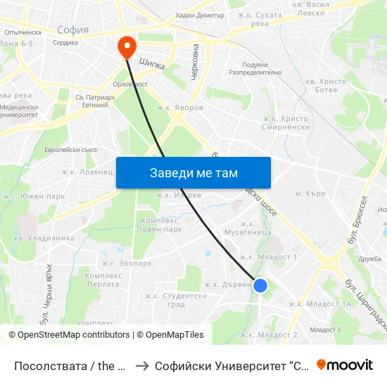 Посолствата / the Embassies (1401) to Софийски Университет “Св. Климент Охридски"" map
