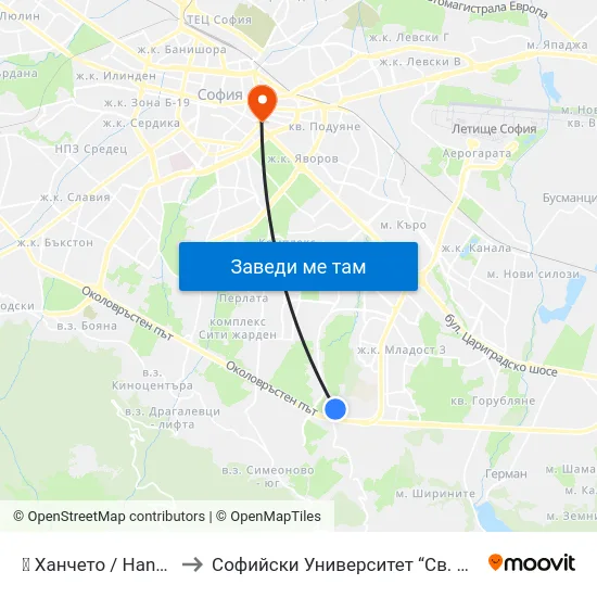 👋 Ханчето / Hancheto (2304) to Софийски Университет “Св. Климент Охридски"" map