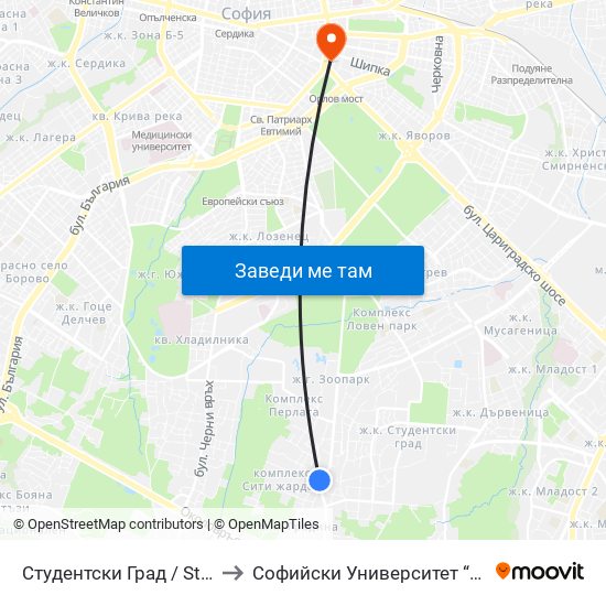 Студентски Град / Students' Town (2381) to Софийски Университет “Св. Климент Охридски"" map