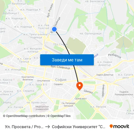 Ул. Просвета / Prosveta St. (2142) to Софийски Университет “Св. Климент Охридски"" map