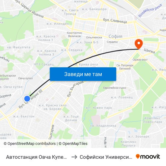Автостанция Овча Купел / Ovcha Kupel Bus Station (2705) to Софийски Университет “Св. Климент Охридски"" map