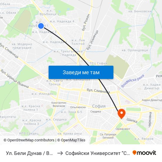 Ул. Бели Дунав / Beli Dunav St. (2577) to Софийски Университет “Св. Климент Охридски"" map