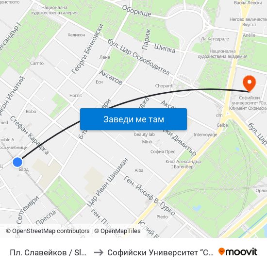 Пл. Славейков / Slaveykov Sq. (1909) to Софийски Университет “Св. Климент Охридски"" map