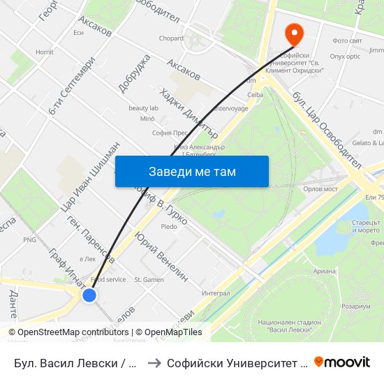 Бул. Васил Левски / Vasil Levski Blvd. (0300) to Софийски Университет “Св. Климент Охридски"" map