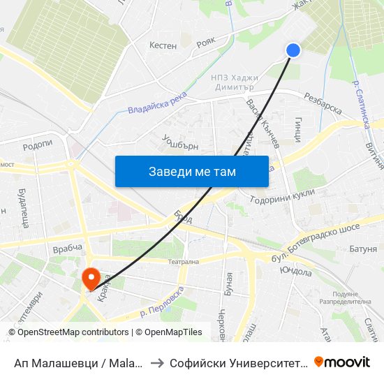 Ап Малашевци / Malashevtsi Bus Depot (0081) to Софийски Университет “Св. Климент Охридски"" map